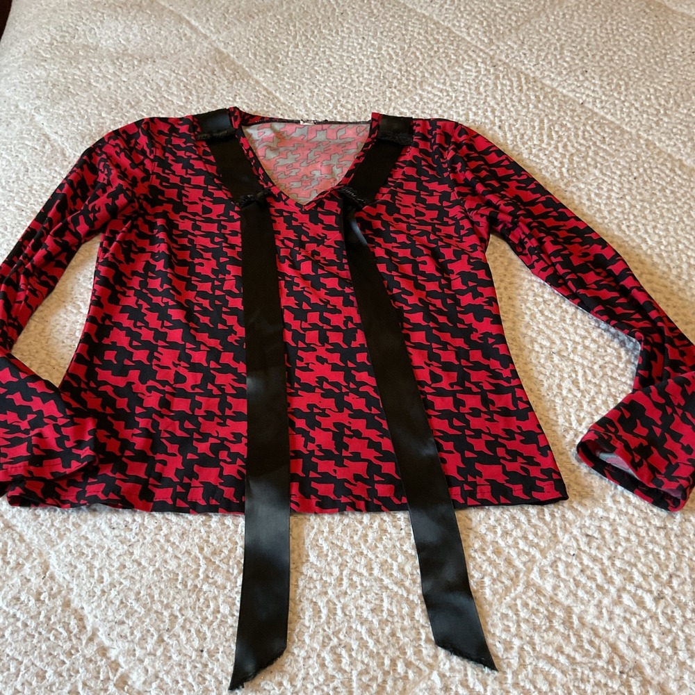 Unbranded Long Sleeve Top Womens Medium Red Black Excellent Satin Tie V-Neck
